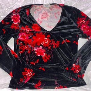90s / y2k black velvet cherry blossom shirt